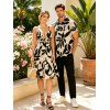 Hawaiian Vacation Couple Outfit Leaf Silhouette Patten Cut Out Plunging Neck Dress and Shirt Set - Noir S | US 4