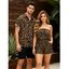 Vacation Couple Outfit Leopard Pattern Pocket Off the Shoulder Romper and Roll Up Sleeve Shirt Set - marron foncé S | US 4