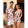 Vacation Couple Outfit Vintage Old School Tattoo Print Pocket Off the Shoulder Romper and Shirt Set - PINK S | US 4
