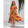 Hawaiian Vacation Couple Outfit Tropical Flower Leaf Print Self-belt Cold Shoulder High Low Dress and Shirt Set - Orange vif S | US 4