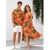 Hawaiian Vacation Couple Outfit Tropical Flower Leaf Print Self-belt Cold Shoulder High Low Dress and Shirt Set - Orange vif S | US 4