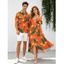 Hawaiian Vacation Couple Outfit Tropical Flower Leaf Print Self-belt Cold Shoulder High Low Dress and Shirt Set - Orange vif S | US 4