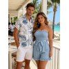 Vacation Couple Outfit Solid Color Smocked Ruffle Off the Shoulder Belt Romper and Tropical Botanical Leaf Print Shirt Set - Bleu Poudre S | US 4