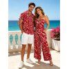 Hawaiian Vacation Couple Outfit Abstract Graffiti Print Tied Pocket Off the Shoulder Wide Leg Jumpsuit and Shirt Set - RED S | US 4