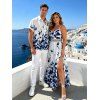 Garden Wedding Couple Outfit Abstract Floral Splatter Print Lace Hollow Out Slit Dress and Shirt Set - Bleu Marine S | US 4