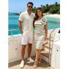 Vacation Couple Outfit Striped Print Flower Decor One Shoulder Bodycon Dress and Solid Color Geometric Hollow Out Shirt Set - BEIGE S | US 4