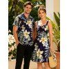 Vacation Couple Outfit Flower Leaf Print Ruched Dress and Shirt Set - Bleu de Minuit S | US 4