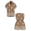 Casual Couple Outfit Vintage Damask Floral Motif Print Pocket Off the Shoulder Romper and Shirt Set - Bronze S | US 4