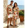 Hawaiian Vacation Couple Outfit Watercolor Floral Print Button Up Pocket Curved Hem Shirt Dress and Shirt Set - multicolor S | US 4
