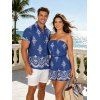 Casual Couple Outfit Vintage Damask Floral Motif Print Pocket Off the Shoulder Romper and Shirt Set - Bleu S | US 4