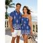 Casual Couple Outfit Vintage Damask Floral Motif Print Pocket Off the Shoulder Romper and Shirt Set - Bleu S | US 4
