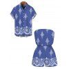 Casual Couple Outfit Vintage Damask Floral Motif Print Pocket Off the Shoulder Romper and Shirt Set - Bleu S | US 4