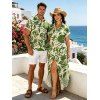 Vacation Couple Outfit Tropical Abstract Leaf Print Button Up Pocket Curved Hem Shirt Dress and Shirt Set - Vert S | US 4