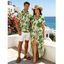 Vacation Couple Outfit Tropical Abstract Leaf Print Button Up Pocket Curved Hem Shirt Dress and Shirt Set - Vert S | US 4