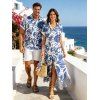 Vacation Couple Outfit Tropical Abstract Leaf Print Button Up Pocket Curved Hem Shirt Dress and Shirt Set - Bleu S | US 4