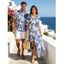 Vacation Couple Outfit Tropical Abstract Leaf Print Button Up Pocket Curved Hem Shirt Dress and Shirt Set - Vert S | US 4