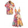 Hawaiian Vacation Couple Outfit Patchwork Floral Print Cut Out Plunging Neck Flowy Dress and Shirt Set - multicolor S | US 4