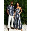 Vacation Couple Outfit Colorblock Abstract Wavy Stripe Print Tied Pocket Off the Shoulder Jumpsuit and Shirt Set - Bleu profond S | US 4