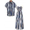 Vacation Couple Outfit Colorblock Abstract Wavy Stripe Print Tied Pocket Off the Shoulder Jumpsuit and Shirt Set - Bleu profond S | US 4