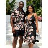 Hawaiian Vacation Couple Outfit Peony Floral Print Cut Out Plunging Neck Flowy Dress and Shirt Set - Noir S | US 4