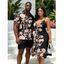 Hawaiian Vacation Couple Outfit Peony Floral Print Cut Out Plunging Neck Flowy Dress and Shirt Set - Noir S | US 4