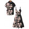 Hawaiian Vacation Couple Outfit Peony Floral Print Cut Out Plunging Neck Flowy Dress and Shirt Set - Noir S | US 4