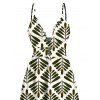 Vacation Dress Symmetrical Olive Leaf Print Cut Out Plunging Neck Flowy Dress - Olive Verte XXL | US 14