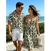 Vacation Couple Outfit Symmetrical Olive Leaf Print Cut Out Plunging Neck Flowy Dress and Shirt Set - PLANT GREEN S | US 4