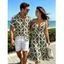 Vacation Couple Outfit Symmetrical Olive Leaf Print Cut Out Plunging Neck Flowy Dress and Shirt Set - PLANT GREEN S | US 4
