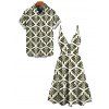 Vacation Couple Outfit Symmetrical Olive Leaf Print Cut Out Plunging Neck Flowy Dress and Shirt Set - PLANT GREEN S | US 4