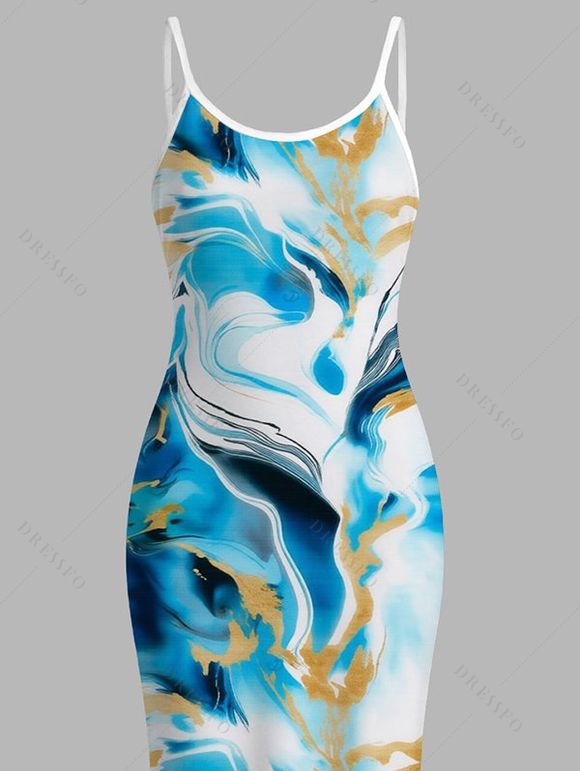 Vacation Dress Marble Fluid Swirl Tie Dye Print Bodycon Mermaid Maxi Dress - Bleu XXL | US 14