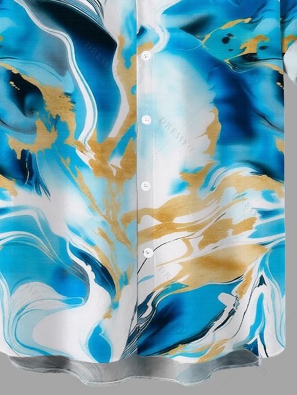 Men's Vacation Shirt Marble Fluid Swirl Tie Dye Print Button Up Shirt - Bleu 5XL