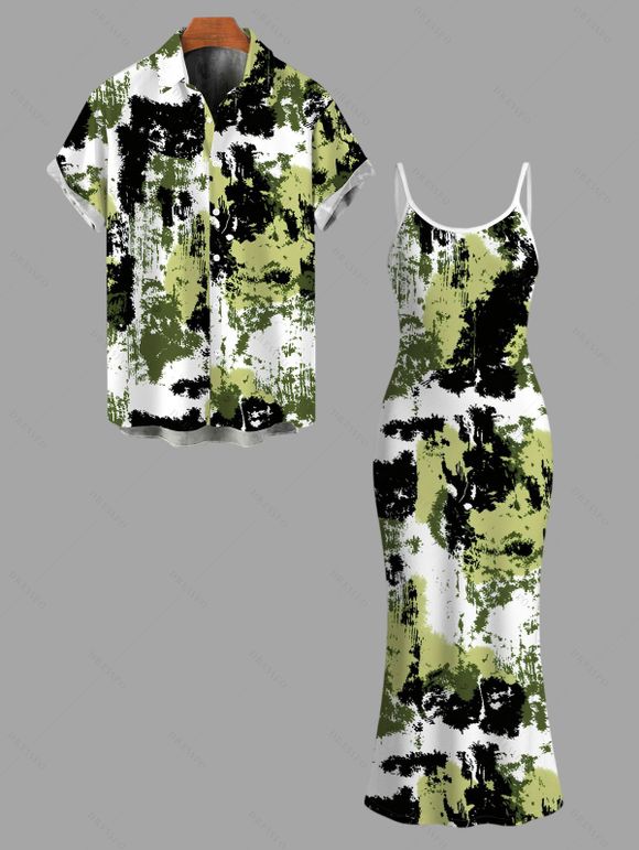 Vacation Couple Outfit Splatter Ink Camo Print Bodycon Mermaid Maxi Dress and Shirt Set - Vert S | US 4