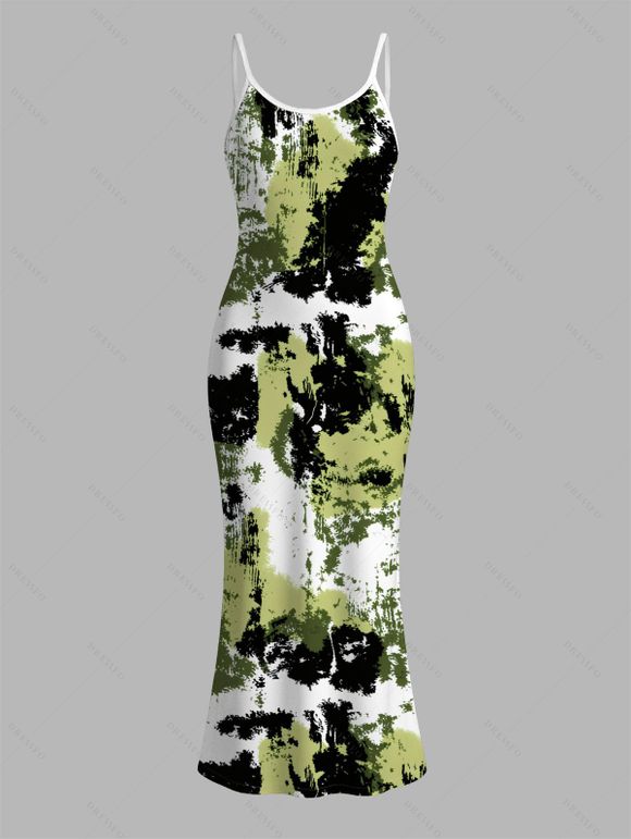 Vacation Couple Outfit Splatter Ink Camo Print Bodycon Mermaid Maxi Dress and Shirt Set - Vert S | US 4