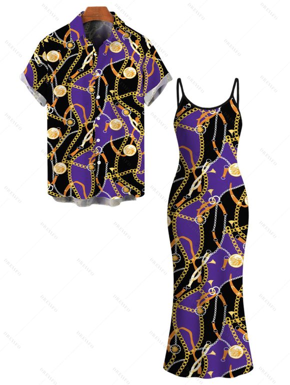 Vacation Couple Outfit Colorblock Vintage Chain Print Bodycon Mermaid Maxi Dress and Shirt Set - Pourpre S | US 4