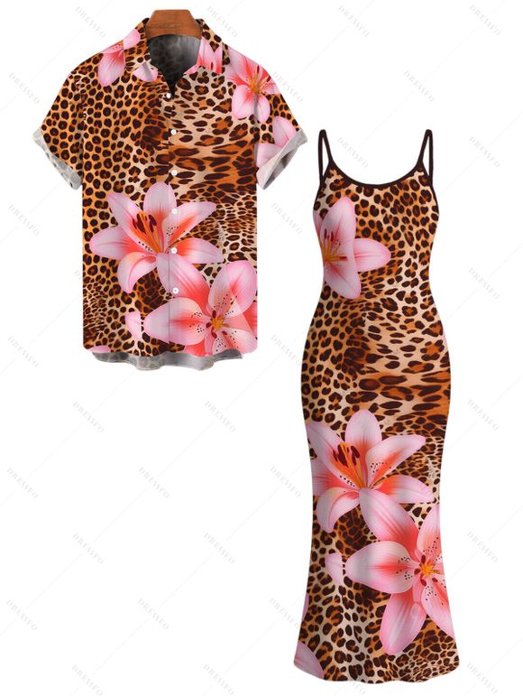 Vacation Couple Outfit Lily Floral Leopard Print Bodycon Mermaid Maxi Dress and Shirt Set - Brun Légère S | US 4