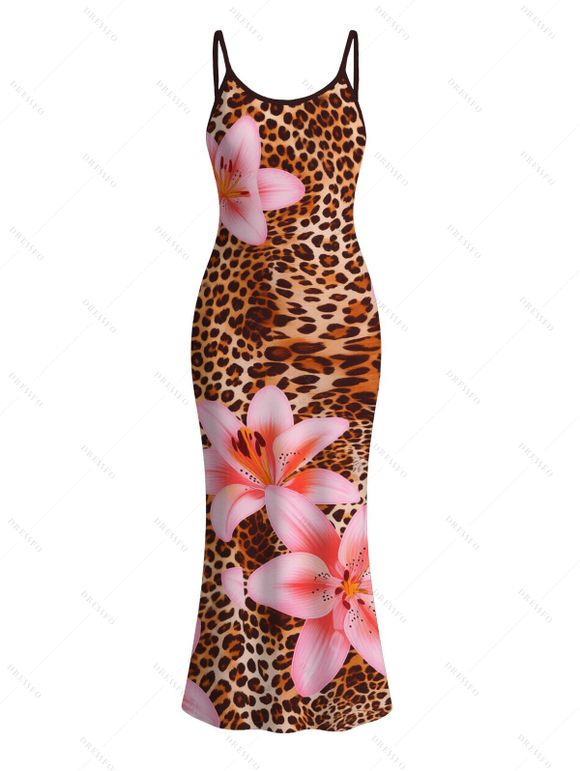 Vacation Couple Outfit Lily Floral Leopard Print Bodycon Mermaid Maxi Dress and Shirt Set - Brun Légère S | US 4