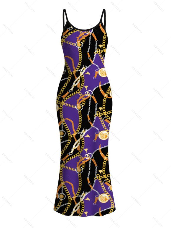 Vacation Couple Outfit Colorblock Vintage Chain Print Bodycon Mermaid Maxi Dress and Shirt Set - Pourpre S | US 4