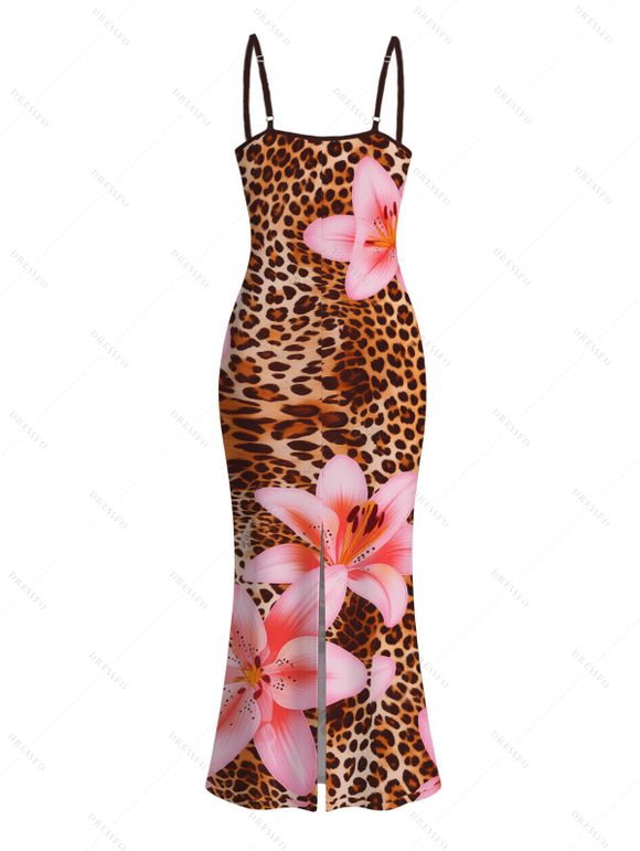 Vacation Couple Outfit Lily Floral Leopard Print Bodycon Mermaid Maxi Dress and Shirt Set - Brun Légère S | US 4