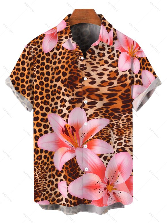 Vacation Couple Outfit Lily Floral Leopard Print Bodycon Mermaid Maxi Dress and Shirt Set - Brun Légère S | US 4