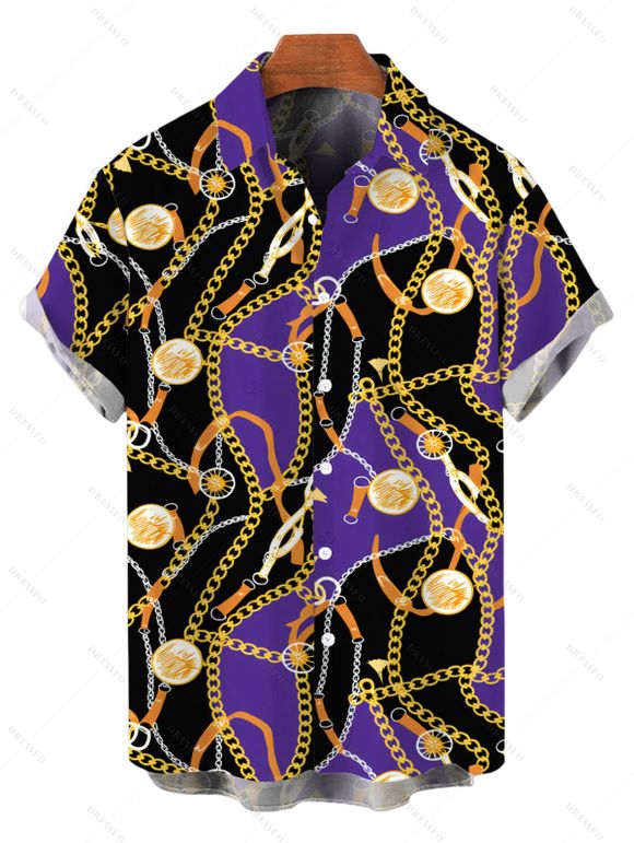 Vacation Couple Outfit Colorblock Vintage Chain Print Bodycon Mermaid Maxi Dress and Shirt Set - Pourpre S | US 4