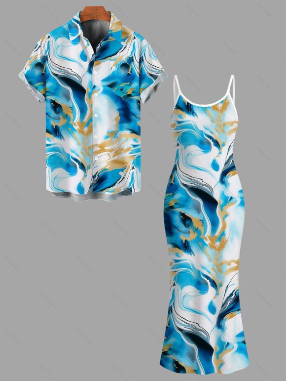 Vacation Couple Outfit Marble Fluid Swirl Tie Dye Print Bodycon Mermaid Maxi Dress and Shirt Set - Bleu S | US 4