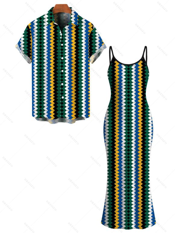 Hawaiian Vacation Couple Outfit Colorblock Zig Zag Print Bodycon Mermaid Maxi Dress and Shirt Set - multicolor S | US 4
