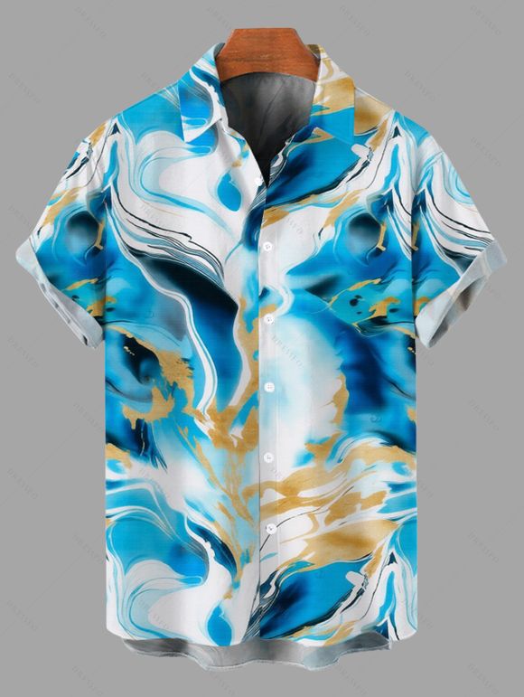Vacation Couple Outfit Marble Fluid Swirl Tie Dye Print Bodycon Mermaid Maxi Dress and Shirt Set - Bleu S | US 4