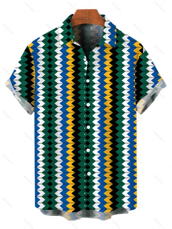 Hawaiian Vacation Couple Outfit Colorblock Zig Zag Print Bodycon Mermaid Maxi Dress and Shirt Set - multicolor S | US 4