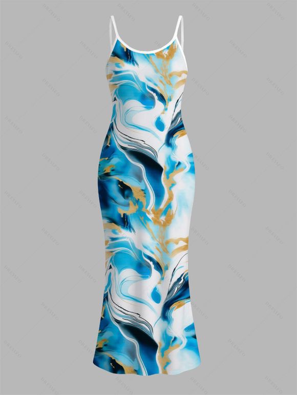 Vacation Couple Outfit Marble Fluid Swirl Tie Dye Print Bodycon Mermaid Maxi Dress and Shirt Set - Bleu S | US 4