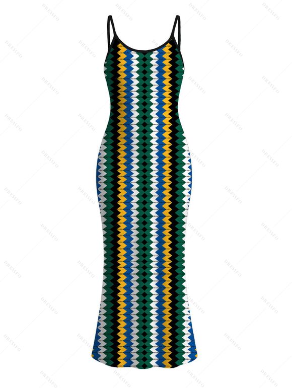 Hawaiian Vacation Couple Outfit Colorblock Zig Zag Print Bodycon Mermaid Maxi Dress and Shirt Set - multicolor S | US 4