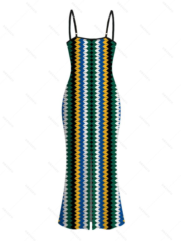 Hawaiian Vacation Couple Outfit Colorblock Zig Zag Print Bodycon Mermaid Maxi Dress and Shirt Set - multicolor S | US 4