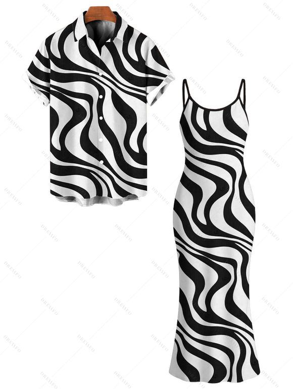 Vacation Couple Outfit Swirl Abstract Wave Print Bodycon Mermaid Maxi Dress and Shirt Set - Blanc S | US 4
