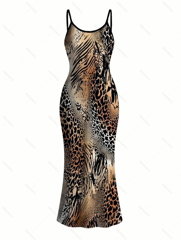 Vacation Dress Mixed Leopard Tiger Patchwork Print Bodycon Mermaid Maxi Dress - Brun XXL | US 14